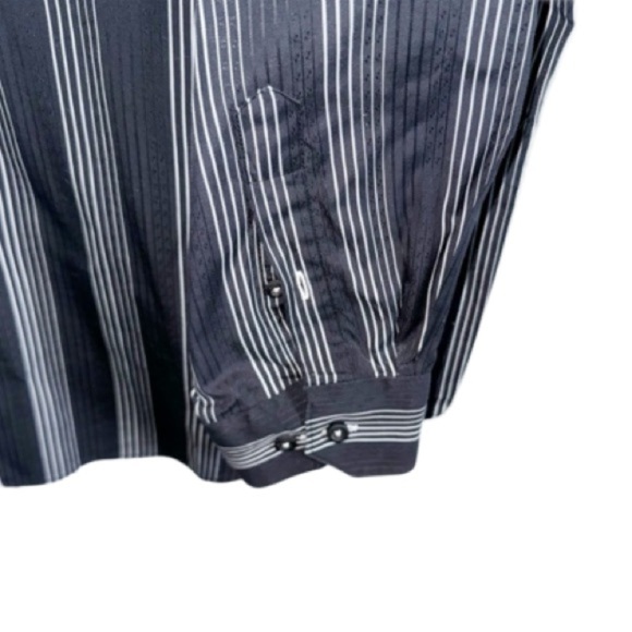Bugatchi Uomo Black White Striped Flip Cuff Cotton Button Up Shirt XXL Pocket - Picture 9 of 11